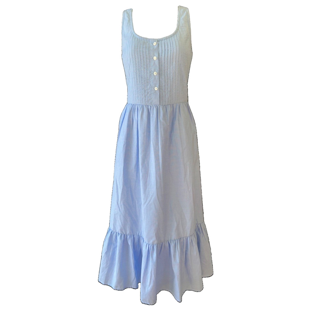 Beau & Ro Pintuck Button Front Midi Dress Sz Sm Blue Cotton Sleeveless Coquette